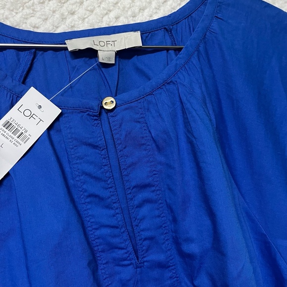 LOFT Royal Blue Flutter Sleeve Split Neck Swing Dress Large Cotton Blend NWT - Picture 6 of 11